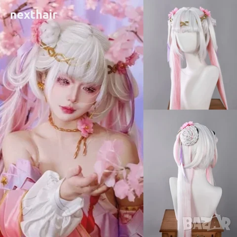 Висококачествена аниме перука бяло и розово с подвижни опашки, снимка 2 - Аксесоари за коса - 50567085