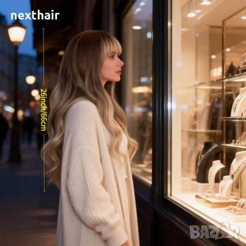 Дълга омбре перука с бретон - кафяво към пепеляво русо, меки вълни, снимка 7 - Аксесоари за коса - 53831185