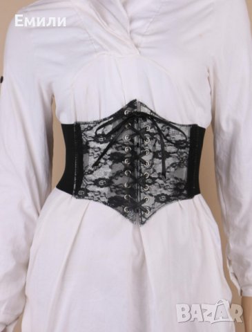 Черен корсет колан за талия с дантела и връзки - размер M-L