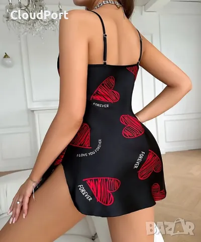 Секси дамска нощница от дантелен еластичен сатен, шарка сърце, черен, снимка 6 - Потници - 48841081