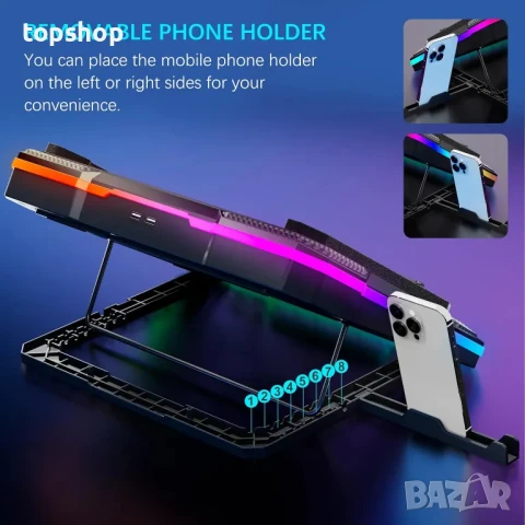 охлаждаща подложка за лаптоп с RGB светлини за лаптопи 14 - 19 инча с 8 регулируеми височини..., снимка 2 - Лаптоп аксесоари - 50553818