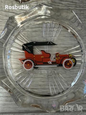 Старинен стъклен комплект с ретро коли , снимка 3 - Антикварни и старинни предмети - 53347938