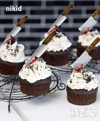 12 бр нож ножове Хелоуин Halloween картонени топери за мъфини кексчета декор парти, снимка 3 - Други - 47286564