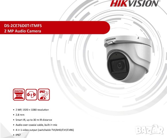 Hikvision DS-2CE76D0T-ITMFS AoC 4в1 EXIR2.0 Камера Вграден Микрофон 2MP 30Метра Нощно Виждане -40°C, снимка 1 - HD камери - 41503284