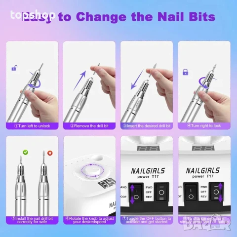 НОВА ПРОФЕСИОНАЛНА пила за нокти NAILGIRLS Т17, 11 в 1 Комплект пили, Професионална 35000 RPM, снимка 4 - Педикюр и маникюр - 50555901