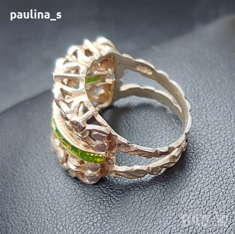 Винтидж / Стар семеен сребърен пръстен със зелен емайл / проба 925 , снимка 5 - Пръстени - 44581893