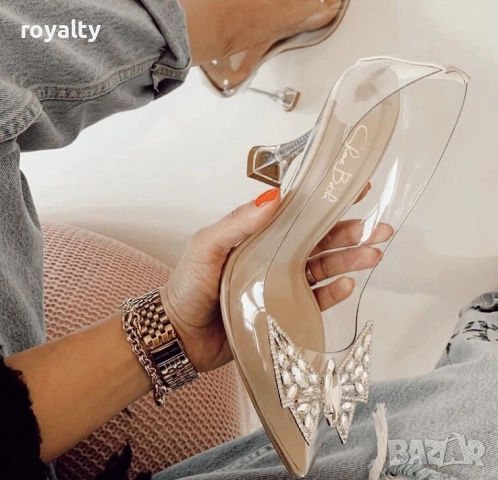 Обувки на ток - прозрачен силикон с бежов акцент
