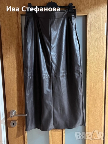 Нова елегантна дълга midi миди дължина кафява кожена пола