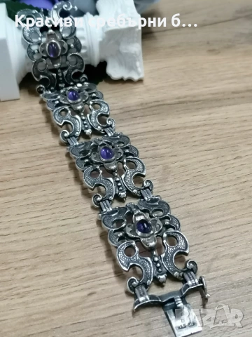 Старинна панелна сребърна гривна стил Art Deco с аметист 💜 изключително детайлна и преци, снимка 5 - Гривни - 53624626