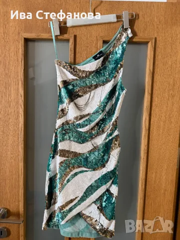  Elisabetta Franchi One-Shoulder Sequin къса парти официална коктейлна рокля пайети аквамарин , снимка 10 - Рокли - 46868543