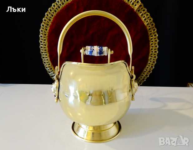 Старинен месингов съд,лъвски глави,порцелан., снимка 5 - Антикварни и старинни предмети - 36251760