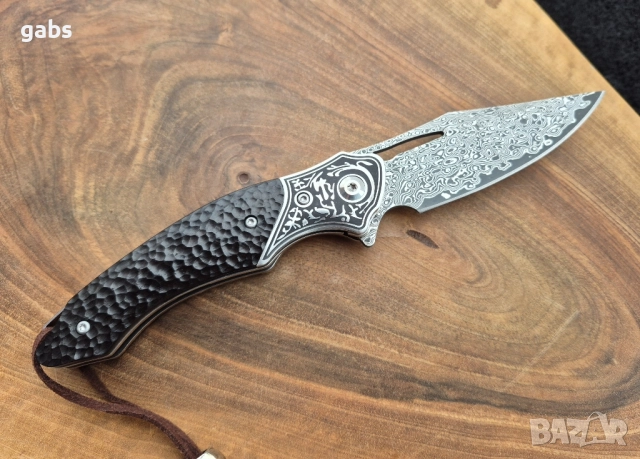 Уникален сгъваем нож дамаска стомана с кожена кания, снимка 8 - Ножове - 52325439