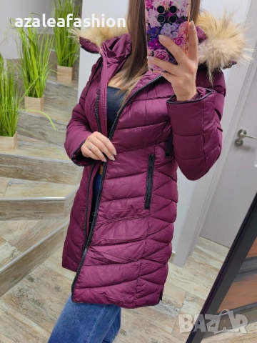 Дълго зимно яке с естествен косъм бордо, снимка 7 - Якета - 52686512