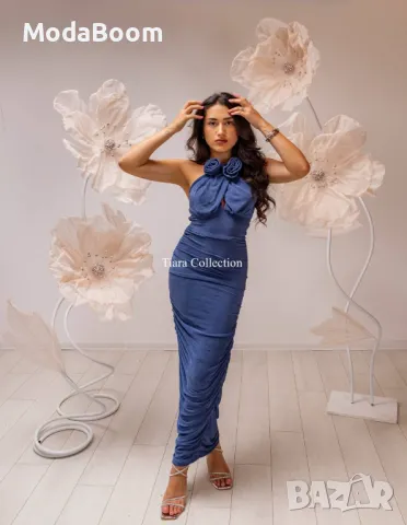 Официална синя рокля с ефектни рози , снимка 3 - Рокли - 48076116