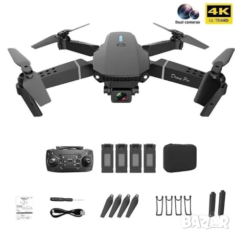 Дрон с две 4K камери, 1800 mAh, 4 батерии, 25x20x5.5cm, Черен