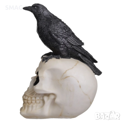 Хелоуин / Halloween декоративна композиция – череп с гарван, полирезин, 10×14×20 см_1256063, снимка 3 - Декорация за дома - 52002271