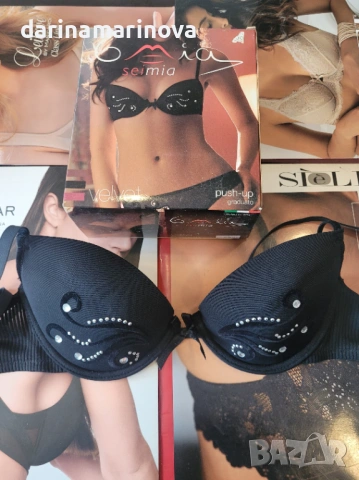Seimia 70B италиански черен пуш-ап сутиен със свалящи подплънки push-up сутиен със сребристи камъни , снимка 3 - Бельо - 7793790