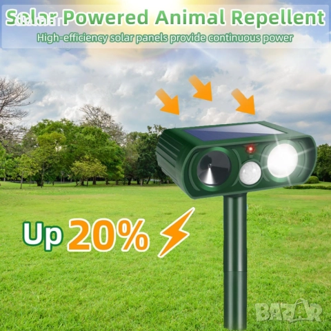 Соларен ултразвуков репелент за животни със сензор за движение и звукова аларма, снимка 5 - Други стоки за дома - 51786467