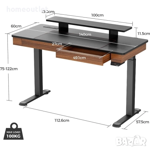 ПРОМОЦИЯ Офис бюро с класически дизайн и регулируема височина ERK-ED-I55-WN, снимка 4 - Бюра - 52825312