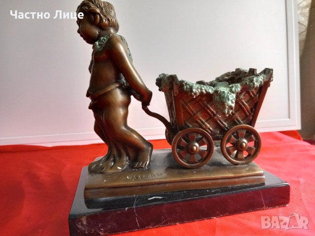 Jacques Bousseau Стара Бронзова Статуетка Херувим с Количка