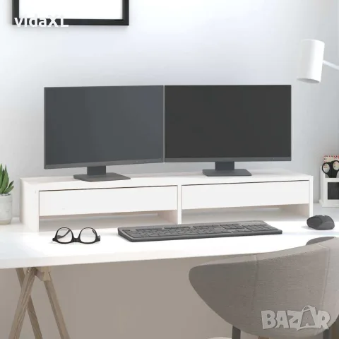 vidaXL Поставка за монитор, бяла, 100x27x15 см, бор масив, снимка 2 - Шкафове - 56147946