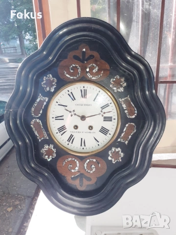 Страхотен антикварен стенен часовник с интарзии от седеф, снимка 4 - Антикварни и старинни предмети - 53294687