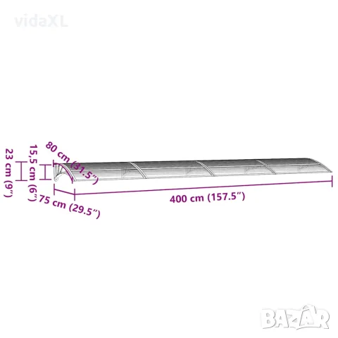 vidaXL Навес за врата, черно и прозрачно, 400x75 см, поликарбонат, снимка 7 - Врати за баня - 56146242