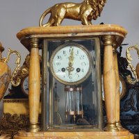 19 век-Портален френски каминен часовник-жълт мрамор и бронзов лъв, снимка 3 - Стенни часовници - 44327363