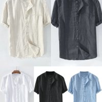 Мъжка едноцветна памучна ленена ежедневна риза с къс ръкав, 5цвята , снимка 1 - Ризи - 41210688