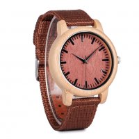 Унисекс часовник с корпус от бамбук и текстилна каишка в керемиден цвят, снимка 3 - Мъжки - 39052819