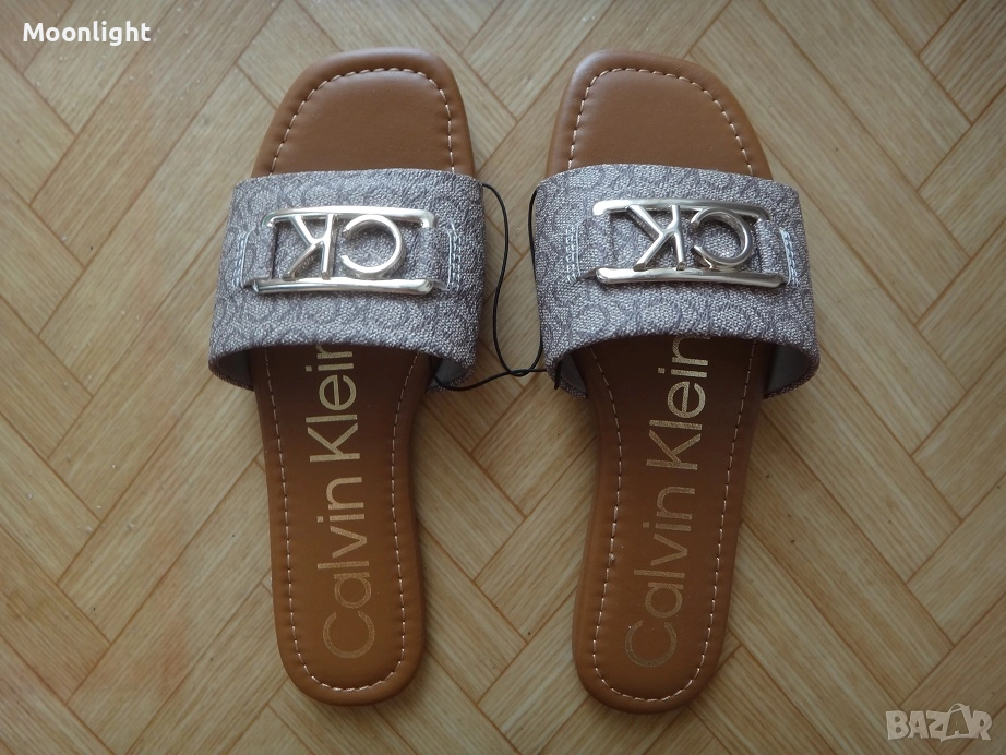 Нови оригинални чехли Calvin Klein номер 35 и 36 в кафяво и бежово с метално лого, снимка 1