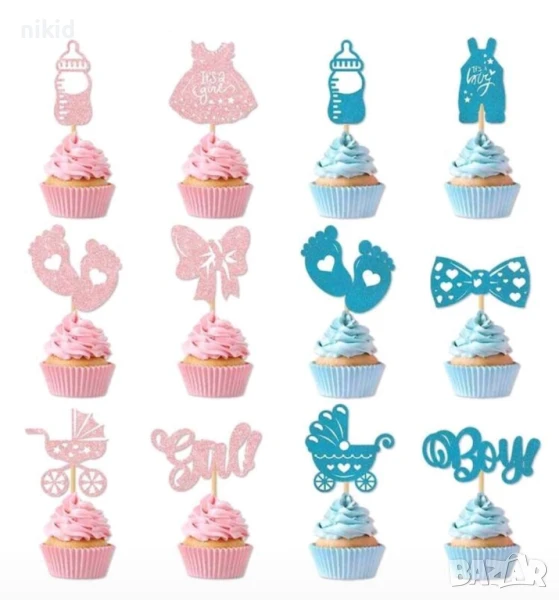 12 бр boy girl брокатени топери за декори за мъфини кексчета парти бебешки gender party бебе, снимка 1
