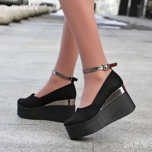 Обувки на платформа - черен велур и бронз лак - 125K, снимка 1