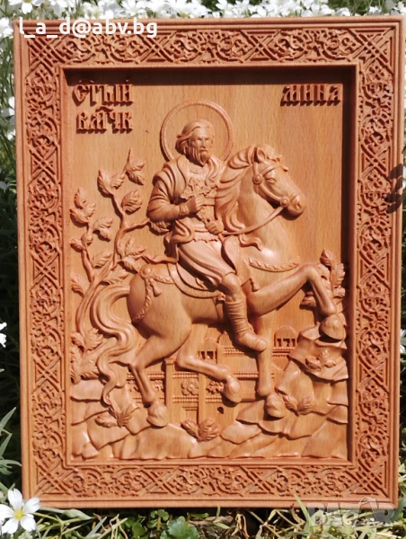 Дърворезбована икона на Св. Мина - авторска дърворезба, снимка 1
