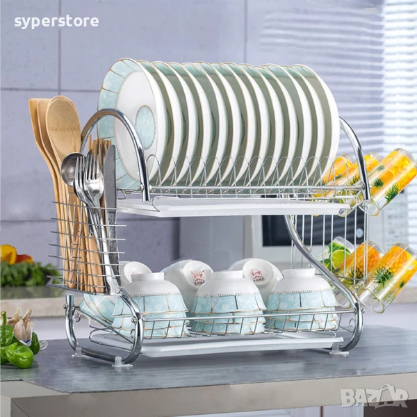 🧼 Сушилник за съдове – 2-етажен с отцедник Digital One SP01118, Поставка за прибори и чаши, Устойчи, снимка 1