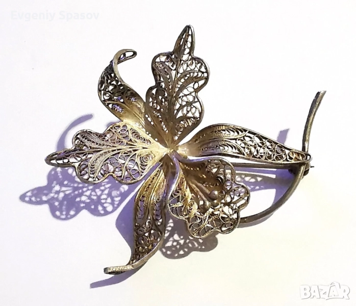 Старинна Сребърна Брошка Красива Дива Орхидея Филигран, снимка 1
