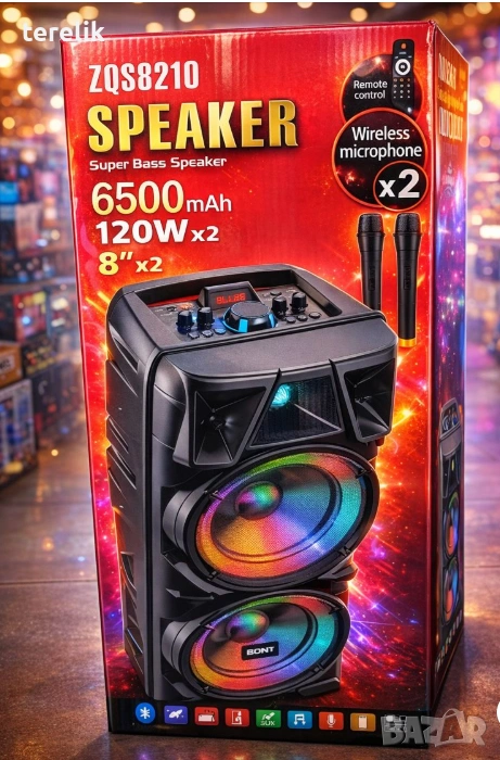 § Нова ZQS 8210 2х8 120W 6500mah 2 микрофона ПРЕНОСИМА КАРАОКЕ КОЛОНА, снимка 1