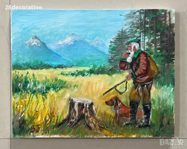 Картина Венелин Петров “Ловец с куче” масло върху платно, снимка 1