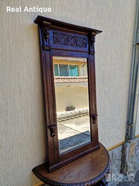 Голямо антикварно английско огледало масив с дърворезба , снимка 1