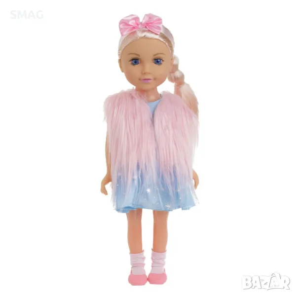 Модна кукла момиче с розова кожена жилетка и панделка - 45 см S_1245427, снимка 1