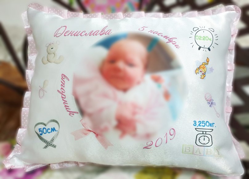 Декоративна възглавничка визитка на дете бебешка със снимка в Спално бельо  и завивки в гр. Стара Загора - ID34293700 — Bazar.bg