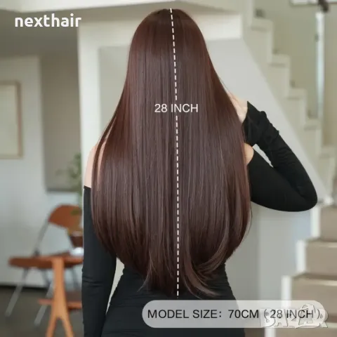 Дълга права тъмно кафява перука с бретон, снимка 3 - Аксесоари за коса - 47370682