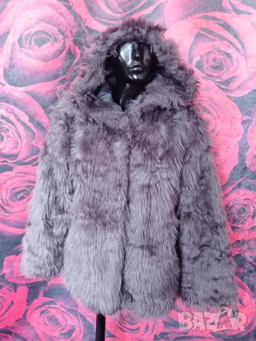 Сив металик палто от еко косъм с пухкава качулка ХЛ  , снимка 7 - Палта, манта - 47578024