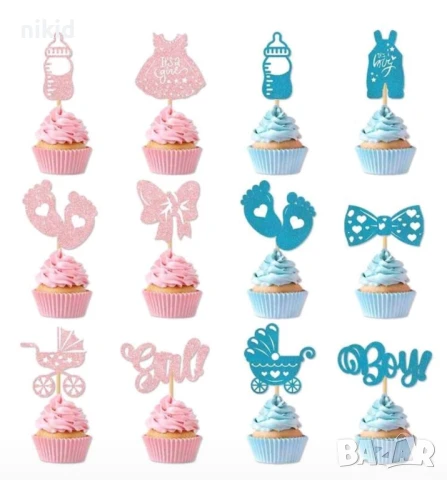 12 бр boy girl брокатени топери за декори за мъфини кексчета парти бебешки gender party бебе, снимка 2 - Други - 51135093