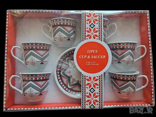 Комплект за сервиране от 12 части. 6 броя чаши и 6 броя чинии, снимка 2 - Чаши - 48918825