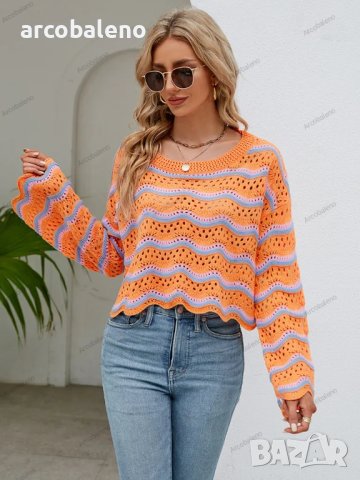 Дамски моден пуловер с дълги ръкави и кръгло деколте на райета, 2цвята - 023, снимка 11 - Блузи с дълъг ръкав и пуловери - 42305036