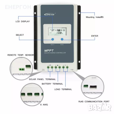 Соларен КОНТРОЛЕР EPEVER Tracer3210AN – 30А МРРТ  Wifi  , снимка 6 - Друга електроника - 41348931