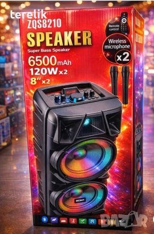 №1 Нова ZQS 8210 2х8 120W 6500mah 2 микрофона ПРЕНОСИМА КАРАОКЕ КОЛОНА