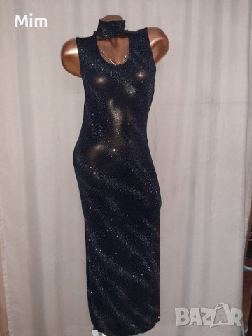 M/XL Черна много еластична дълга рокля със сребристи камъчета 