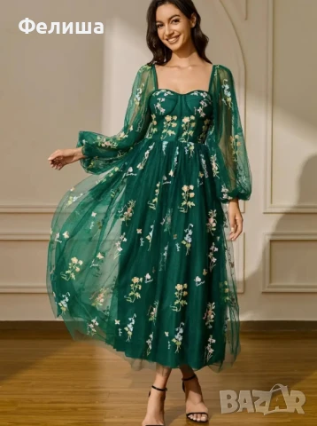 Луксозна Корсетна Бродирана Рокля в Изумрудено Кралско Зелен Цвят с Тюл и Богатство от Цветя , снимка 2 - Рокли - 50812085